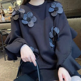 Autumn Beading Ruffles Spliced Sweatshirts Female Clothing Chic Floral Three-dimensional Decoration O-Neck Midi