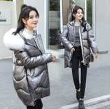 Jacket Women 2021 Female Parka Coat Mid Long Overcoat Hooded Warm Hooded Artificial fur collar Shiny Down Cotton