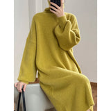 Women's Turtleneck Roll Collar Lantern Sleeve Sweater Dress White Purple 2022 Winter High Neck Loose Relaxed Knitted