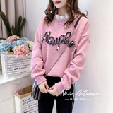 Clothing Casual 3D Letter Sweatshirts Fashion Pearl Beading Spring Autumn Korean Loose O-Neck Lace Patchwork