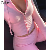 Women Spring Outfits Casual Zipper Sweater Hoodie Set High Waist Flare Pants Suits Pink Knitted Womens Y2k Two Piece