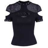 Knitted Gothic Vintage Hollowed-Out Short-Sleeved T-Shirt Spring Ins Dark Style Slim Blouse-Outfit