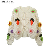 3D Flower Ball Hand Made Crochet White Cardigan Lazy CHIC Woman Full sleeve Knitted Sweater Loose Short Knitwear Jumper-Outfit