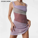 Sexy Ruched U Collar Contrast Color Plaid Print Mini Mesh Sling Dress Women Packages Hips A-lined Robe With Lining-Outfit