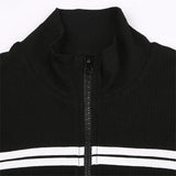 Women Black Patchwork Zipper Crop Tops Autumn Ribbed Basic Stand Collar Long Sleeve Slim Jacket Y2K Streetwear Shirts-Outfit
