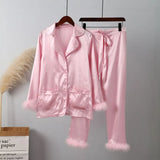 Wear Women Soft Feather Home Suit Button Up Top Slim Pants Two Piece Set 2022 Casual Pajama Elegant Lady Homewear