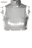 Summer Sexy silver Crop Top Club Outfit For Women 2023 Turtleneck Button Sleeveless Corset Tank Tops Party Casual