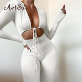 Solid Jumpsuit Bandage Drawstring Backless One Piece Outfit Sexy Long Sleeve Body-Shaping Bodysuit Hipster
