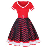 Cotton Pleated Skirt V-neck Dot Swing