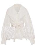 Toloer Retro Palace Style Top Autumn 2024 New Organza Lapel Lantern Sleeve Lace Printed Shirt Girl-Outfit