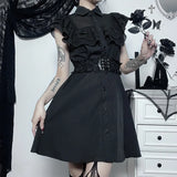 Temperament Lotus Leaf Edge Waist Polo Collar Dress Dark Fashion Leisure Commuter Black Skirt Children-Outfit