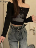 Woman Tshirts Slash Neck Long Sleeve Print Tees 2023 Ropa Mujer Harajuku Sexy Crop Tops Fashion Korean Casual Y2k T Shirt-Outfit
