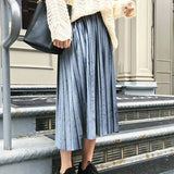 Spring 2019 Women Long Metallic Silver Maxi Pleated Skirt Midi Skirt High Waist Elascity Casual Party Skirt