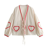 Spring Style Casual Loose Plaid Love Ribbon Lace Shirt-Outfit