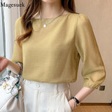 Summer Short Sleeve Chiffon Shirts Ladies Korean Chic Plaid Lantern Sleeve Loose Blouse Women Fashion Slash Neck Tops