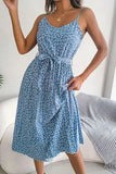 Floral Belted Spaghetti Strap Pleated