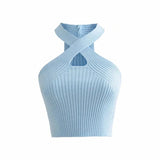 Ladies Sexy Camisole Solid Color Cross Halter Sweater Vest Slim Sleeveless Base T-Shirt Midriff-baring Knitted Tops-Outfit