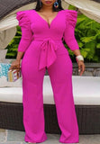 Elegant Pink Puff Sleeve V Neck Wide-Leg Formal Jumpsuit With