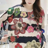 Loose Floral Printed Round Neck Knitted T-shirt 2023 Women's Clothing All-match Fashion Chic Patchwork Long Sleeve