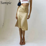 2021 Summer Spring High Waisted Stain Women Long Bodycon Skirts Sexy Club Office Ladies Casual Apricot Vintage