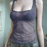 Spring And Summer New Girl Small Fresh Broken Flowers Bump Color Mesh Perspective Square Tie Sling Small