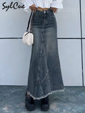 Retro Classic All-Match Vitality Casual Commuter Outing Tight Sexy White Irregular Women'S Long Denim Skirt Girl Cool-Outfit