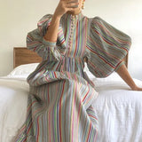Japanese Retro Color Matching Rainbow Striped Puff Sleeve Dress New All Match Mid-Calf Stand Dresses for
