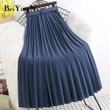 High Waist Skirts Womens Belt Fashion Metallic Party Midi Pleated Long Skirt Black Pink Casual Korean Falda Mujer
