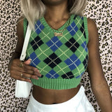 Argyle Plaid Y2k Tank Top Women Fashion Knitted Sweater Undershirt 90S Knitwear Autumn Basic