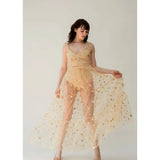 Women's Shiny Glitter Stars Mesh Sheer Bikini Cover Ups Tulle Spaghetti Straps See-through Maxi Dress Summer Beach-Outfit