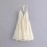 The Summer Of 2024, The New Style Baitai Thin Laminated Net Yarn Spliced V-Collar Halter Skirt With Large Bare Back-Outfit