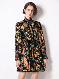 Women Single Breasted Mini Dress Lantern Sleeve Sashes Boho Vintage Dress Fashion Lady OL Floral Print Lace Robe
