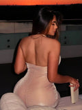 Sexy Beige Deep V Neck Halter Sleeveless Midi