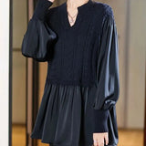 Knitted Patchwork Blouse Spring Autumn Korean Loose Women's Clothing Basic Fake Two Pieces Casual Half Open Collar