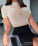 New E-Commerce Sexy Perspective Skirt Tulle Nail Bead Hairpin Round Neck Short-Sleeved Evening Dress Spot-Outfit