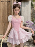 Sweet Dress Women Vintage Patchwork Party Mini Dresses Female Korean Fashion Holiday Square Collar Casual Dress