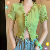 Graduation party French Retro Young Style Cardigans Ruched T Shirt Split Crop Top Women Knit Rib Summer Streetwear Fitness