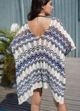 Vacation Blue Stripes V Neck Loose Crochet Knitted Beach