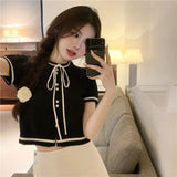 Fragrant Neckline With Black Thin Knitted Short-Sleeved T-Shirt For Women 2025 New Summer Short Ice Silk