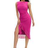 Women Sleeveless Bodycon Dress Evening Party Summer Clothes Chic and Elegant Solid Color Backless Mesh Ruffled Dress-Outfit