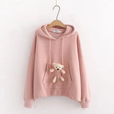 2021 Spring Autumn Women Loose Cute Pocket Bear Toy Hoodie Hooded Sweatshirt College Girls Casual Kawaii Harajuku Pullover