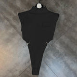 Sexy White Bodysuits For Women Turtleneck Sleeveless Patchwork Chain Cut Out High Waist Bodysuits Female Summer