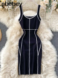 Women Knitted Strap Dress Korean Sleeveless Slim Pencil Dresses V Neck Sexy Off Shoulder Bodycon Short