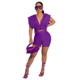Solid Hooded Zip Tie Two Piece Shorts