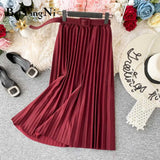 2020 Autumn Summer Women Skirt Midi With Belt Pleated Female Skirts Casual Luxury Korean Faldas Ladies Saias Chic