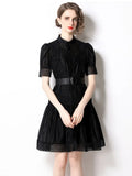 Patchwork Ruffles Sashes Slim 2 Piece Dress Set Female Stand Collar Short Sleeve High Waist Black White Mini Dress
