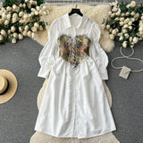 Autumn Light French Court Bubble Sleeves Single Breasted Shirt Dress + Sling Printed Vest Two-Piece Set-Outfit