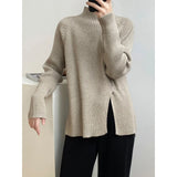 Women's Roll Collar Mock Slit Hems Striped Pit Relax Fit Sweater Winter Solid Color Pulls Casual