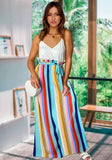 Printed Sweet V-neck Sleeveless Stripe Belted Maxi