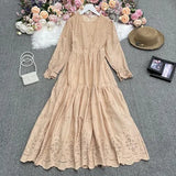 New Spring Fashion All-match O-neck long sleeve Dress high waist slim hollow out lace solid